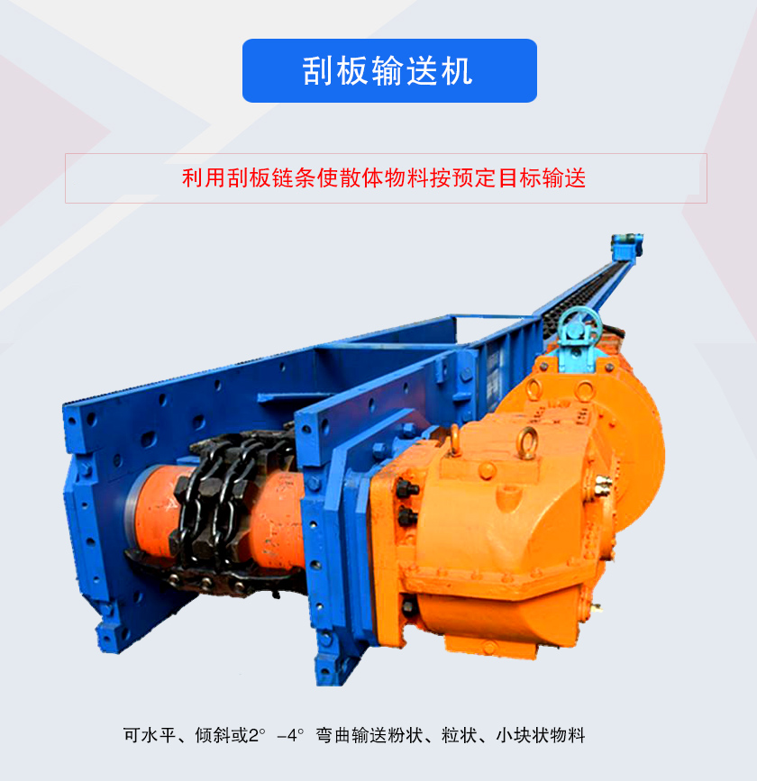 刮板輸送機采用刮板鏈牽引，可水平或傾斜輸送散狀物料，輸送距離長、密封性好無粉塵污染，功率消耗小