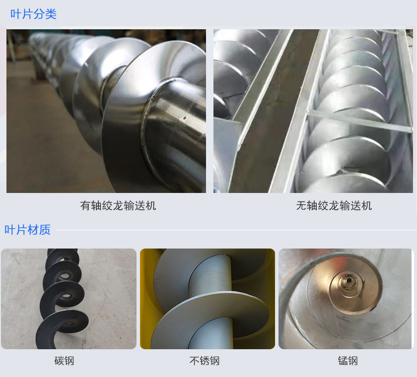 絞龍輸送機(jī)分為有軸和無軸絞龍輸送機(jī)，可根據(jù)物料不同選擇有碳鋼、不銹鋼、錳鋼等材質(zhì)。